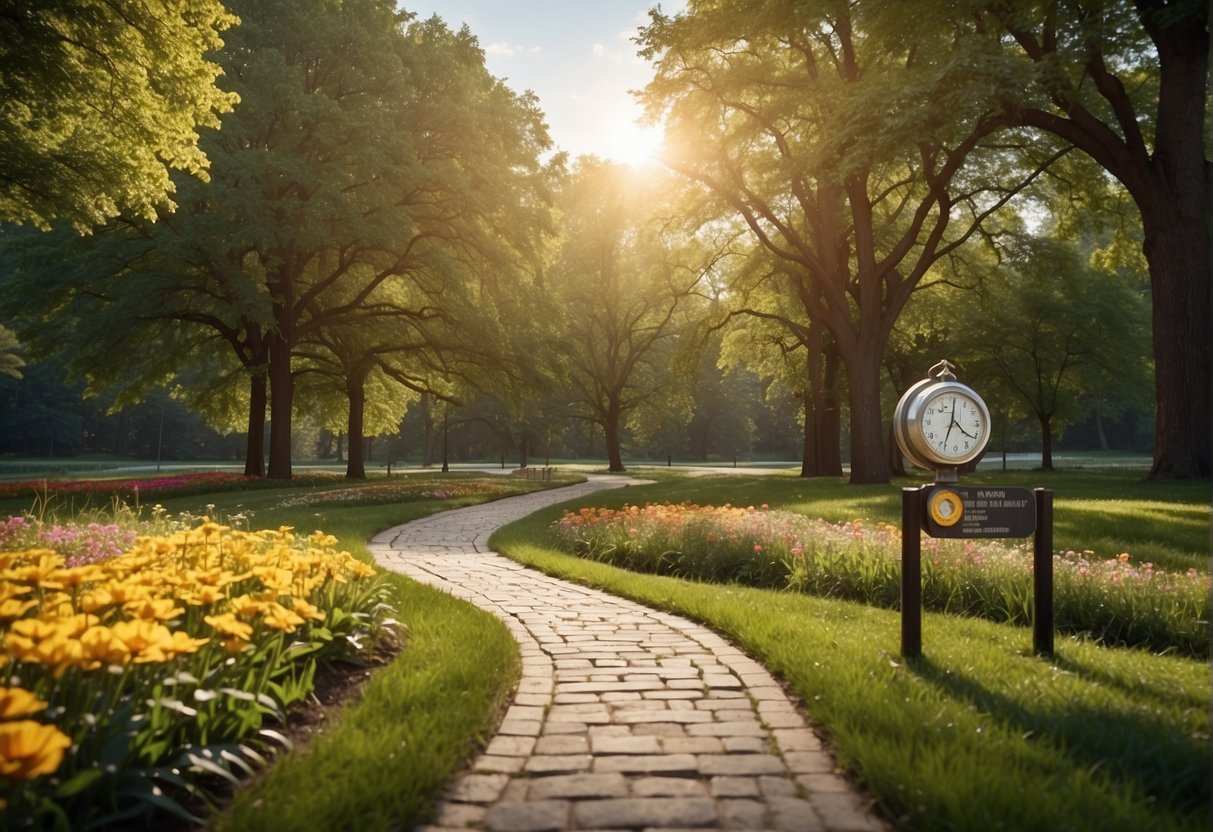 A clear, sunny day with a winding running trail through a park, lined with vibrant green trees and colorful flowers. Distance markers and a stopwatch indicate a 5k training plan