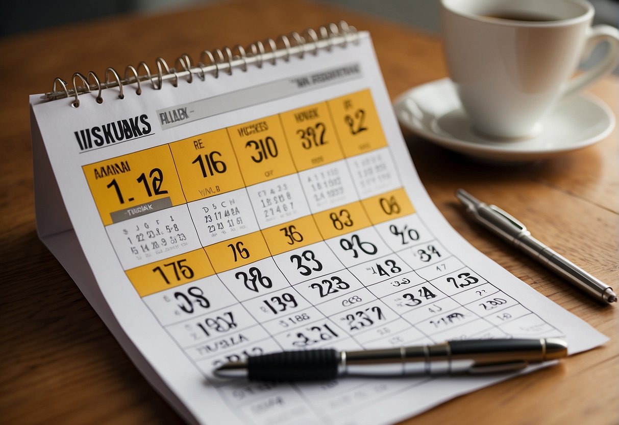 The scene shows a calendar with 12 weeks marked out, each week labeled with the corresponding number. Beside the calendar is a detailed breakdown of a 5k training plan, with specific workouts and goals for each week