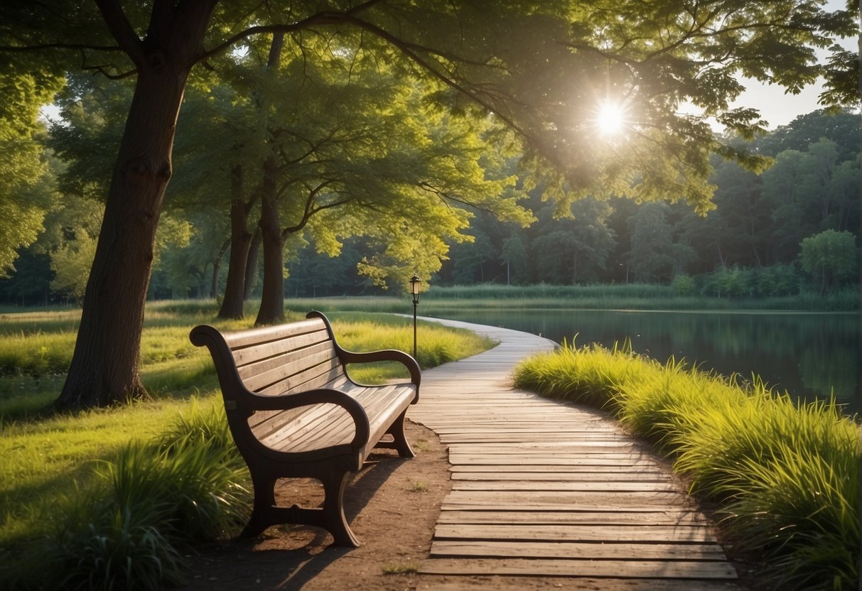 A serene park with a winding trail, shaded by trees. A peaceful pond reflects the blue sky. A bench invites relaxation, surrounded by lush greenery