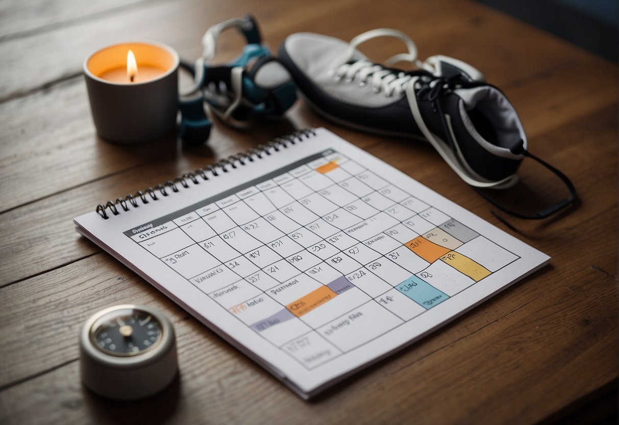 A calendar with a 12-week training plan, highlighted progress, and notes for adjustments. Running shoes and a stopwatch nearby