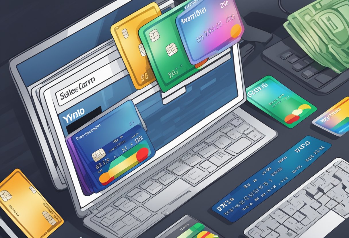 Stolen card data being sold on a dark web carding site, displayed on a computer screen with various credit card numbers and personal information