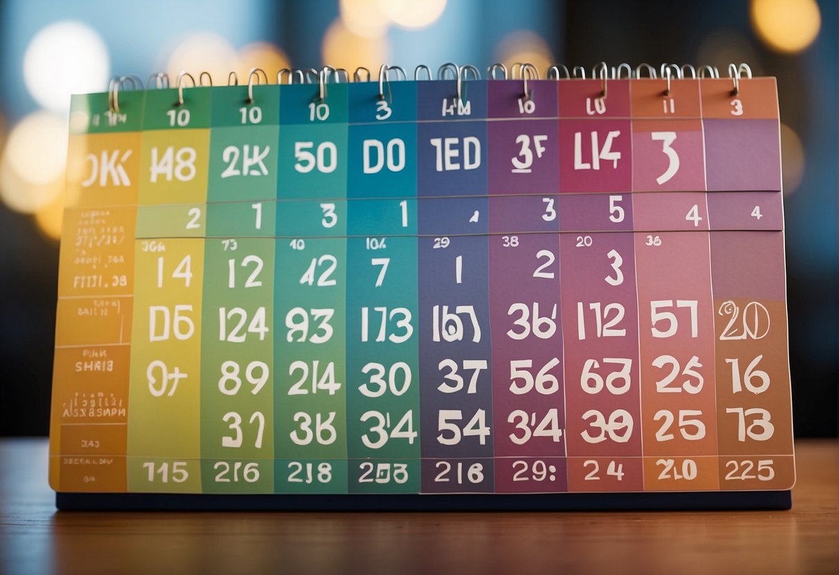 A colorful calendar with 12 weeks outlined, each week labeled with specific 5k training activities and rest days