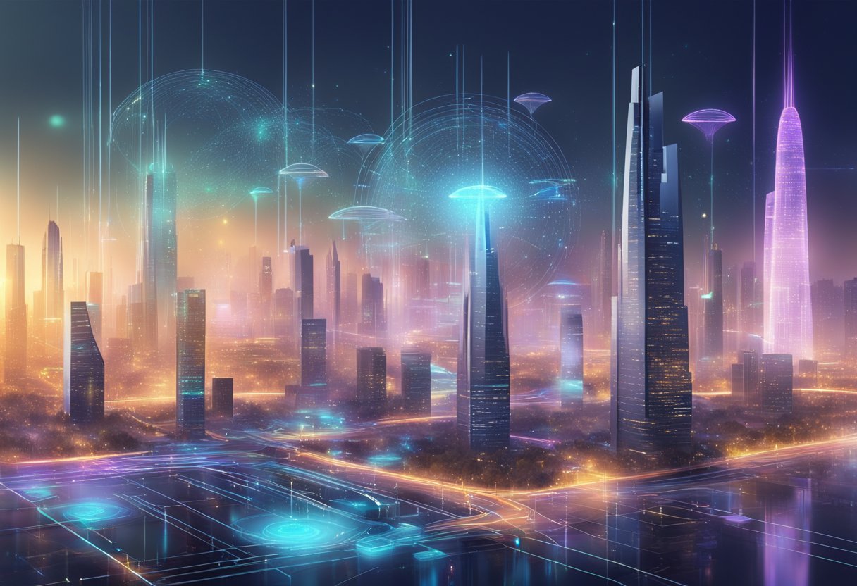 A futuristic cityscape with holographic interfaces and data streams, showcasing the integration of emerging technologies and a carding site