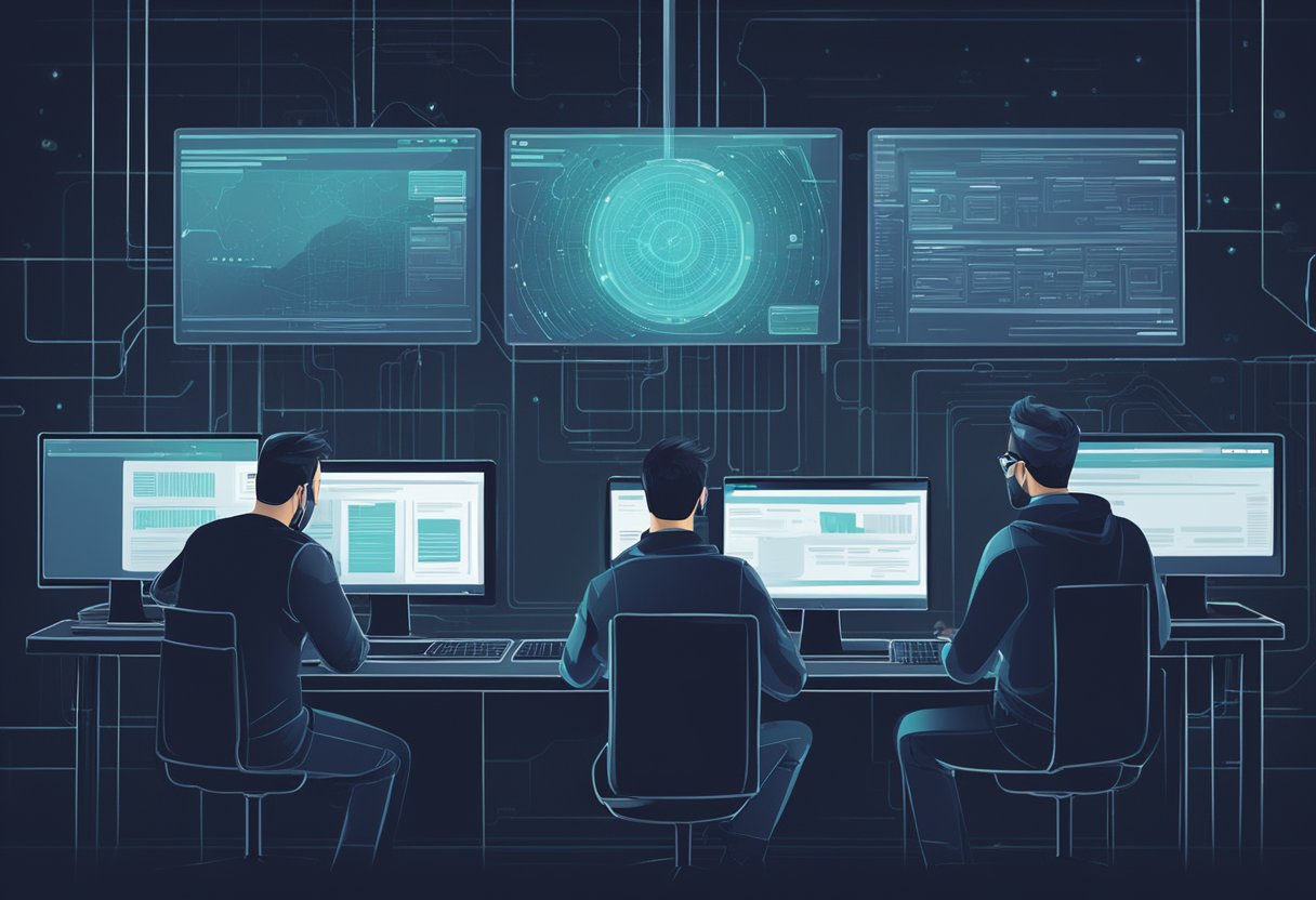 A group of people gathered around computer screens, exchanging information and discussing cybercrime tactics on a dark web carders forum