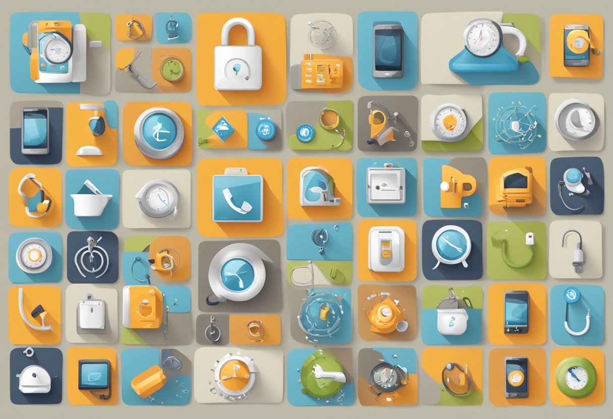 A phone ringing off the hook with various home service icons (plumbing, electrical, HVAC) floating around it