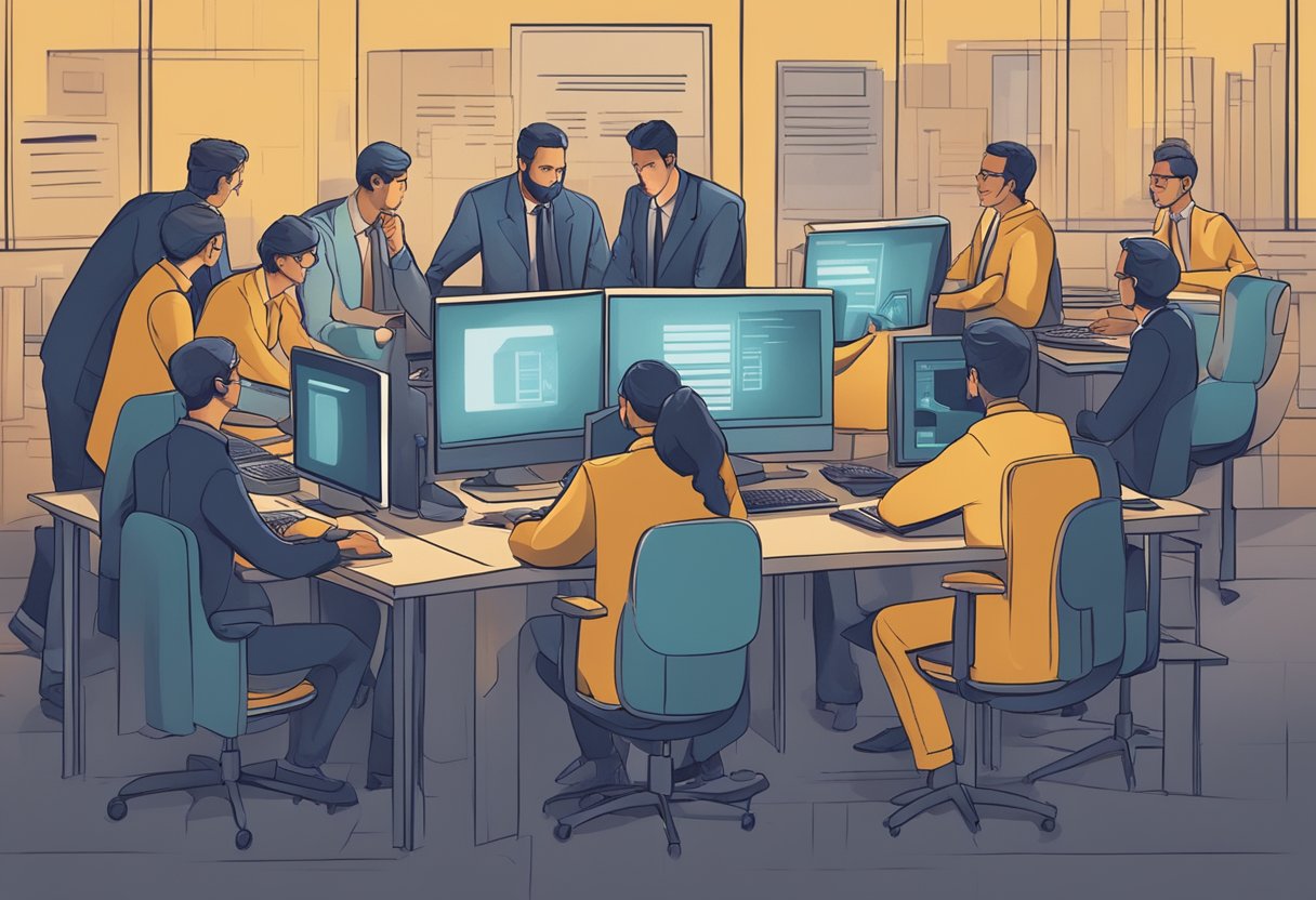 A group of shadowy figures huddle around computer screens, exchanging illicit information and discussing potential legal risks and consequences