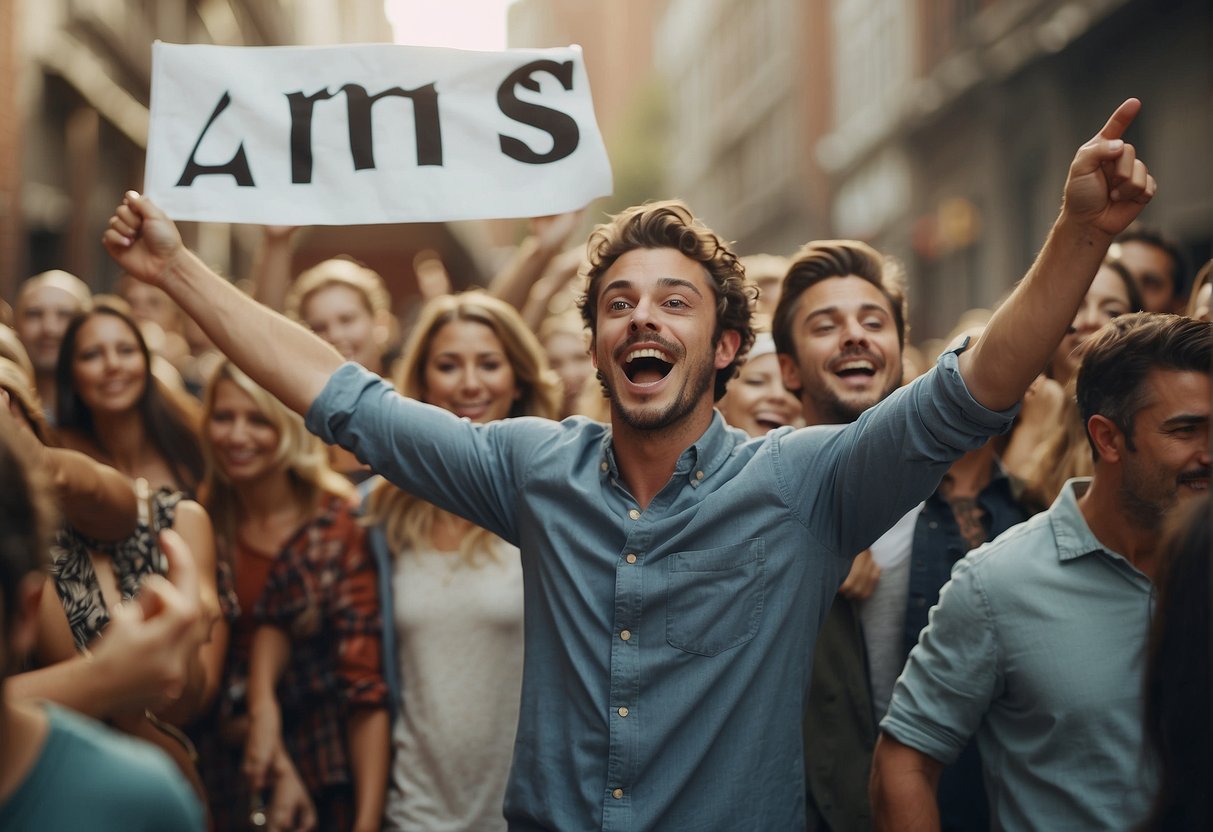 A group of friends gathers around an Aries man, holding up a banner and cheering, as he looks surprised and delighted
