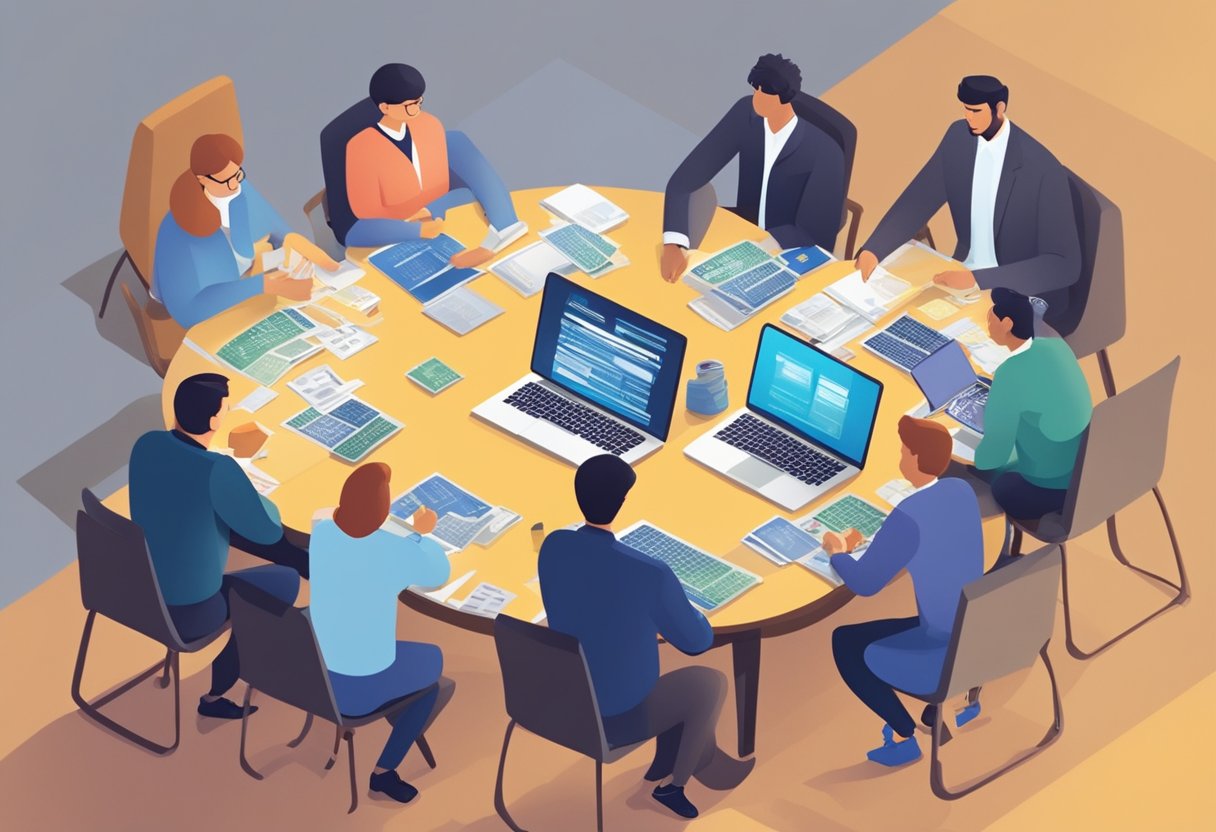 A group of people gather around a table, exchanging information and discussing various topics related to carding and fraud. Computer screens and stacks of cards are visible in the background