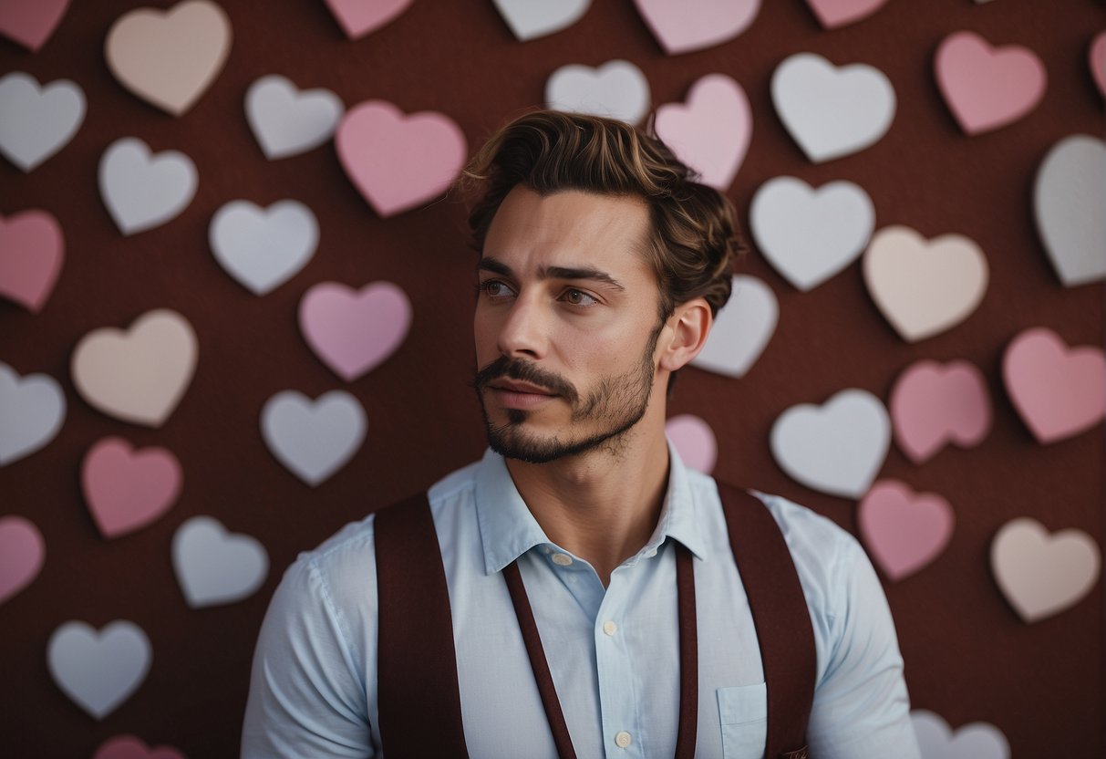 An Aries man surrounded by hearts, pondering over love-related questions
