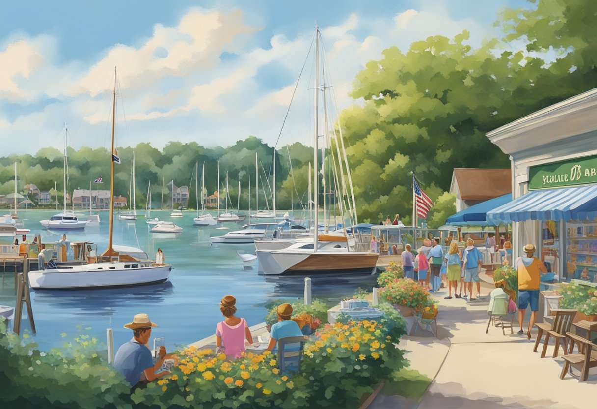 Sailboats docked at Put-in-Bay marina, with tourists exploring shops and restaurants along the waterfront. A ferry approaches the island, while families enjoy picnics and bike rides on the grassy shoreline