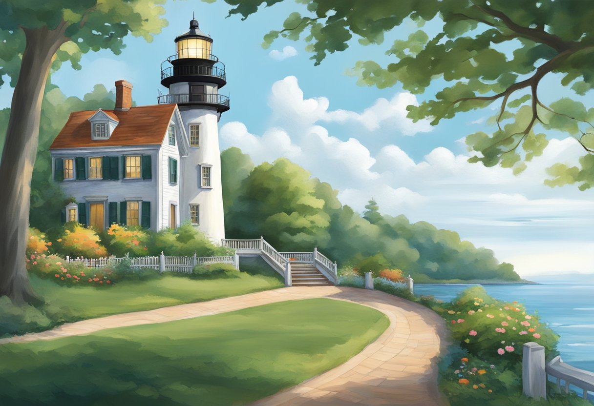 A historic lighthouse overlooks the serene waters of Lake Erie, surrounded by lush greenery and a quaint village with charming architecture