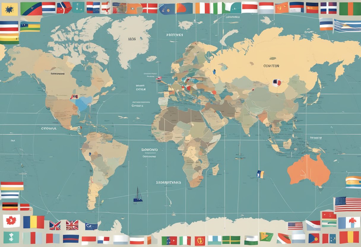 A global map with shipping routes and ports marked, surrounded by various international flags and shipping containers