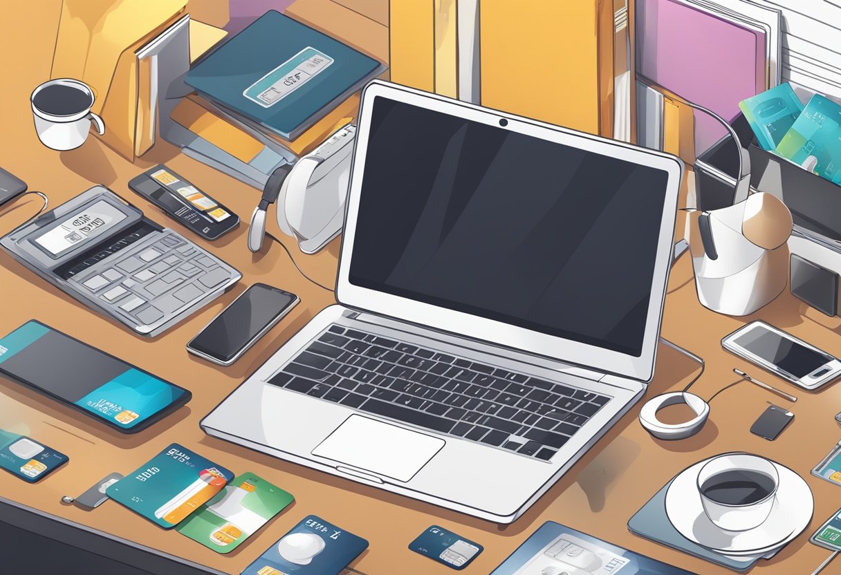 A laptop, credit cards, and a smartphone lay on a desk, surrounded by various items ready for purchase