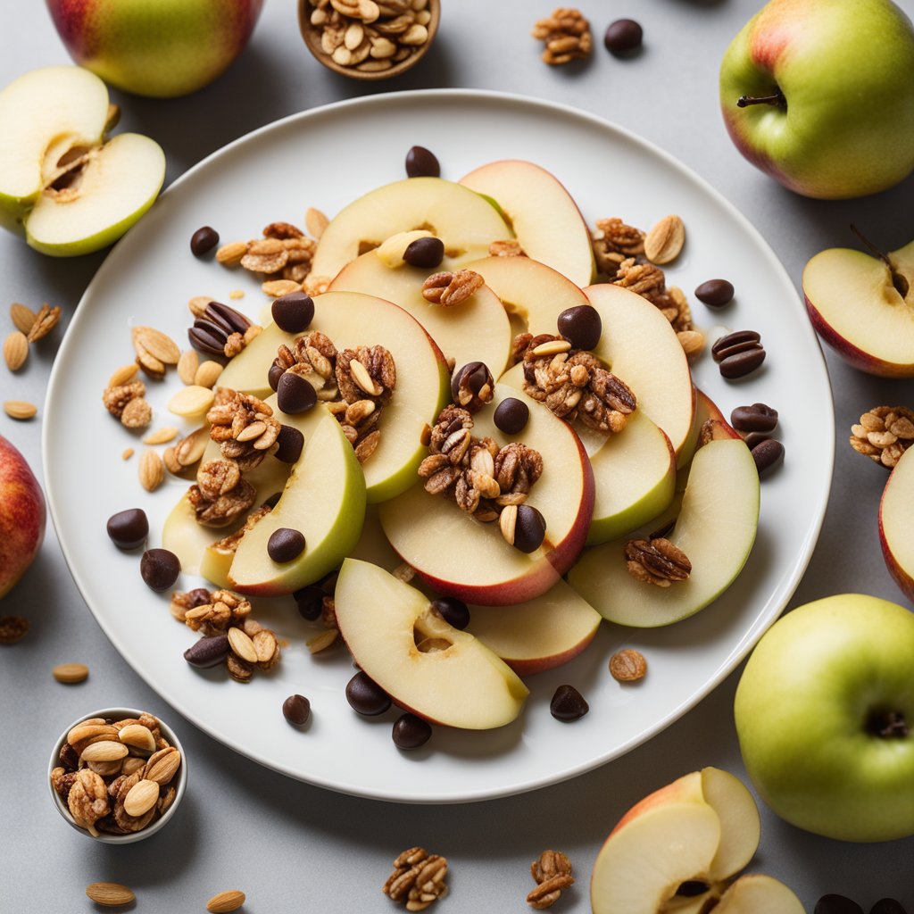 Sliced apples arranged on a plate, drizzled with almond butter, and topped with granola and chocolate chips