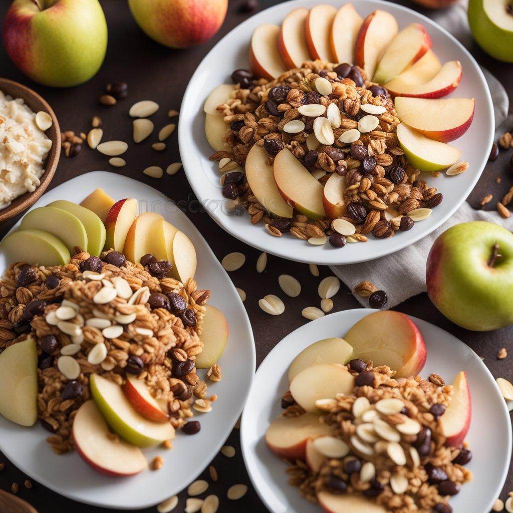 Sliced apples arranged on a plate, drizzled with almond butter and topped with granola, chocolate chips, and shredded coconut