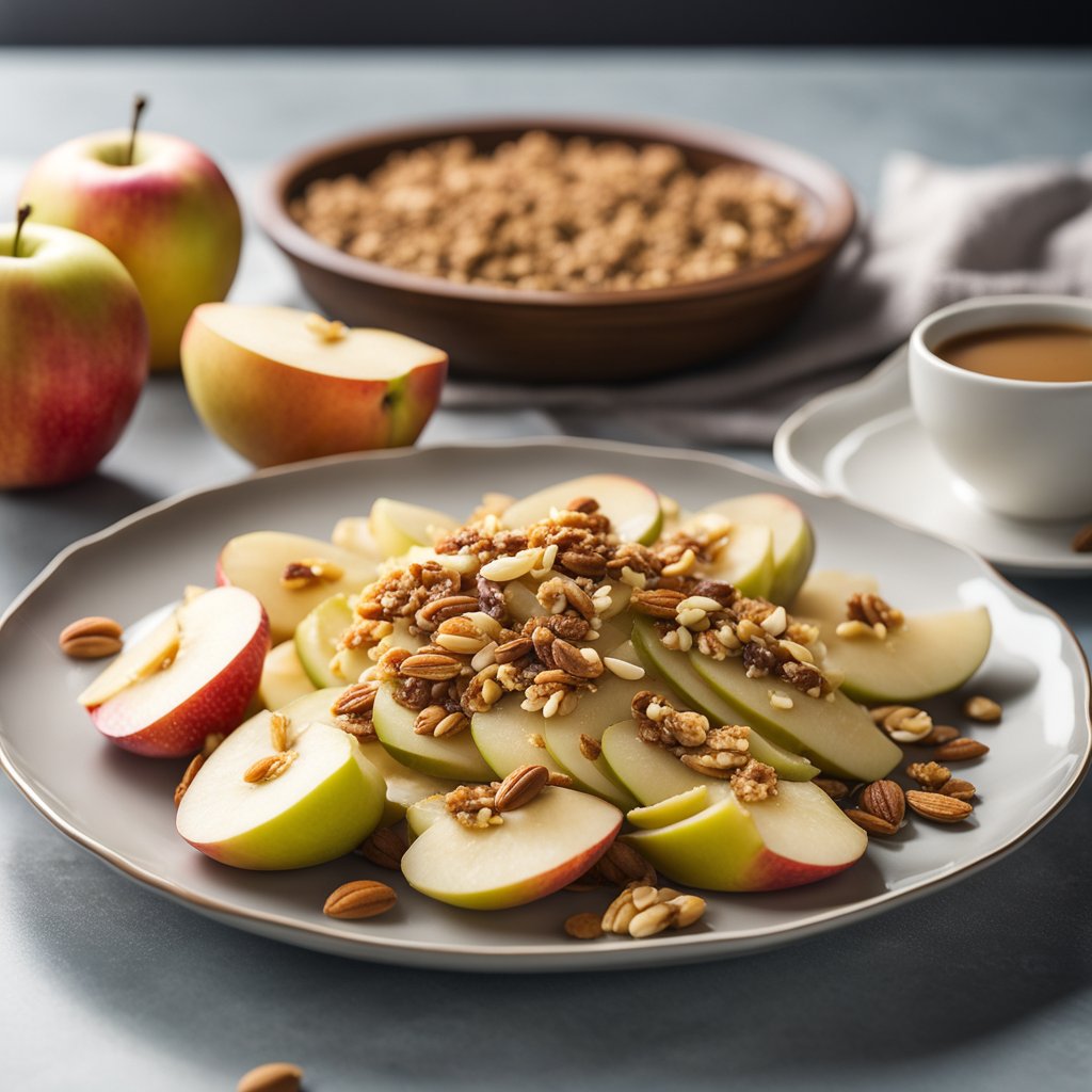 A plate of sliced apples topped with almond butter drizzle, sprinkled with granola and chopped nuts