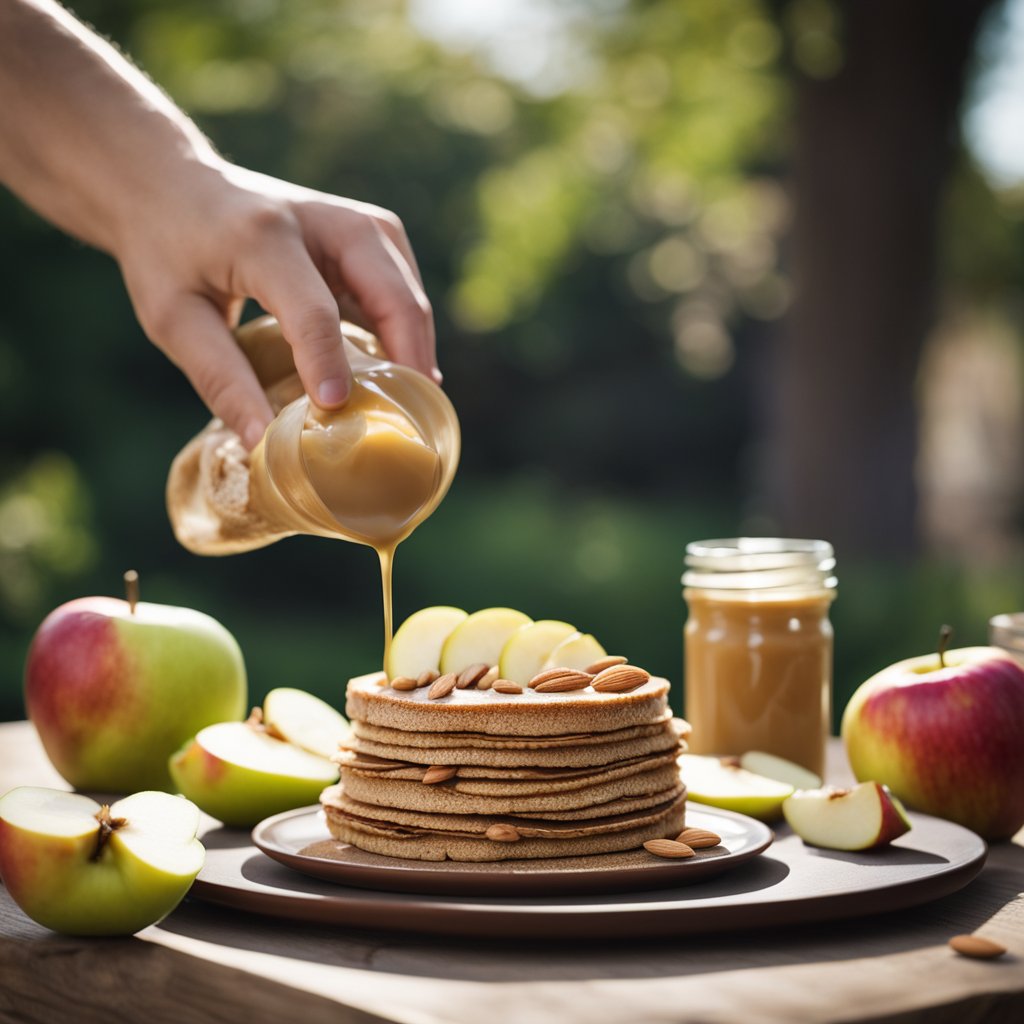 A table is set with a variety of apples, almond butter, and toppings. A hand drizzles almond butter over a plate of sliced apples