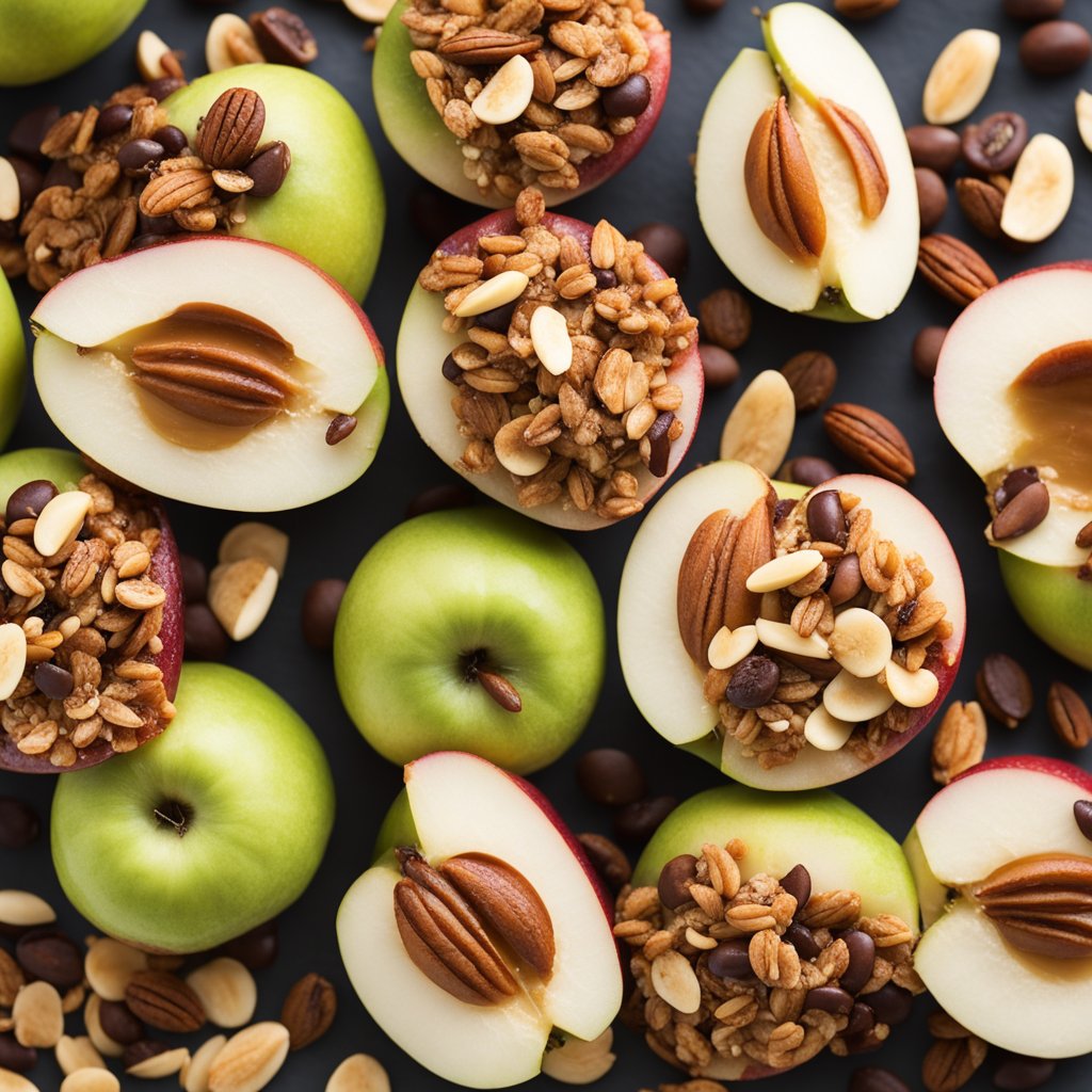 Fresh apples sliced and arranged on a plate, drizzled with almond butter and topped with granola, chocolate chips, and shredded coconut