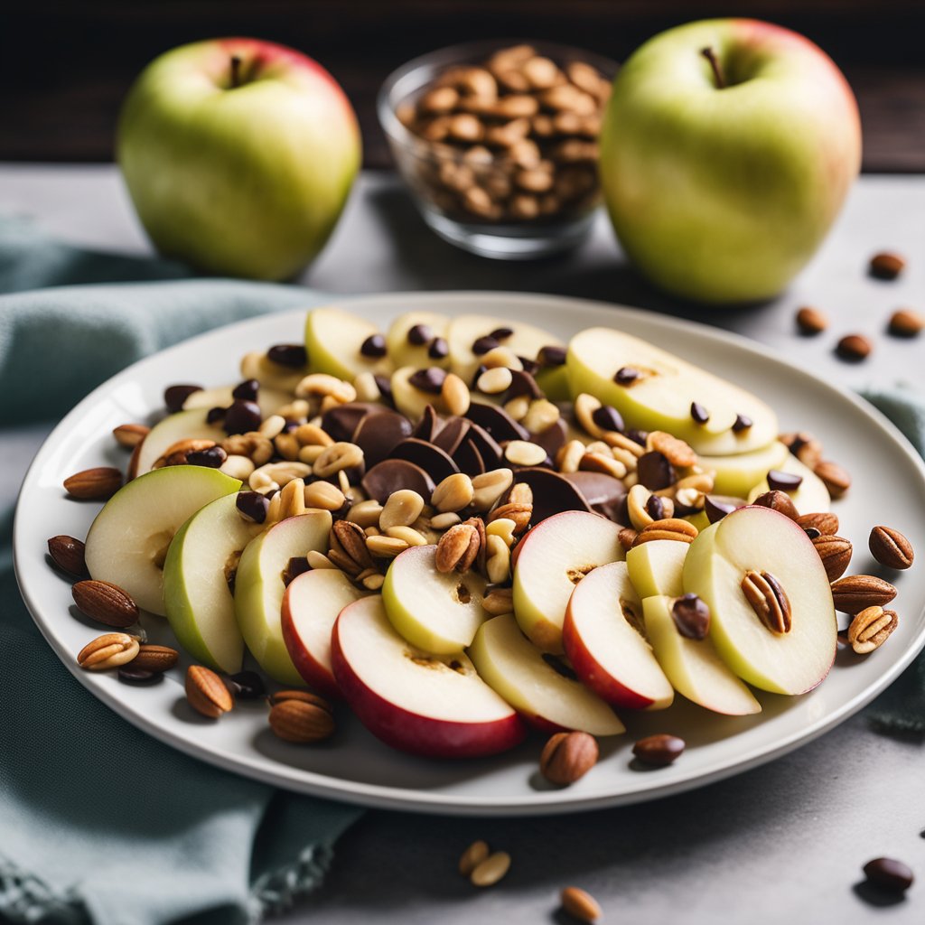 Sliced apples arranged on a plate, drizzled with almond butter, and topped with nuts and chocolate chips