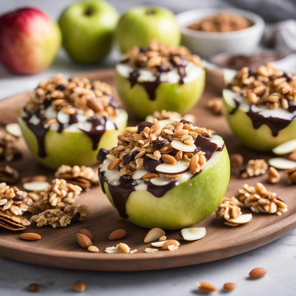 Apples sliced and arranged on a plate, drizzled with almond butter, and topped with granola, chocolate chips, and shredded coconut