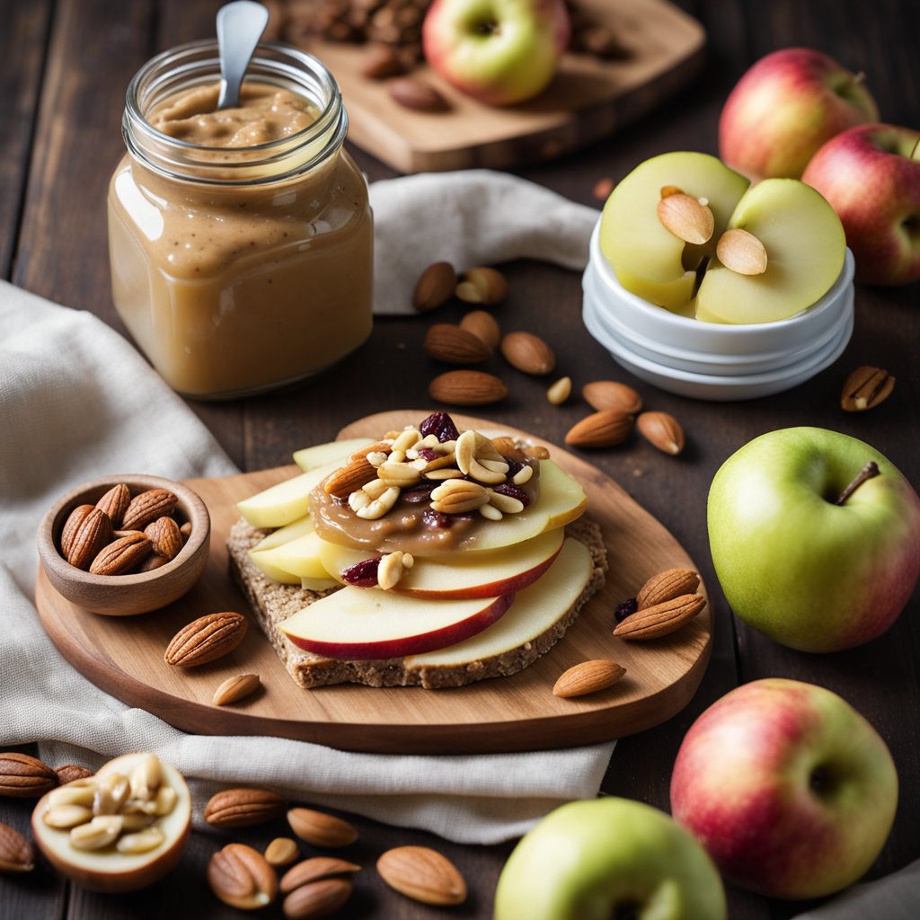 A wooden cutting board holds sliced apples, drizzled with almond butter and topped with nuts and dried fruit. Nearby, a glass jar of almond butter sits open