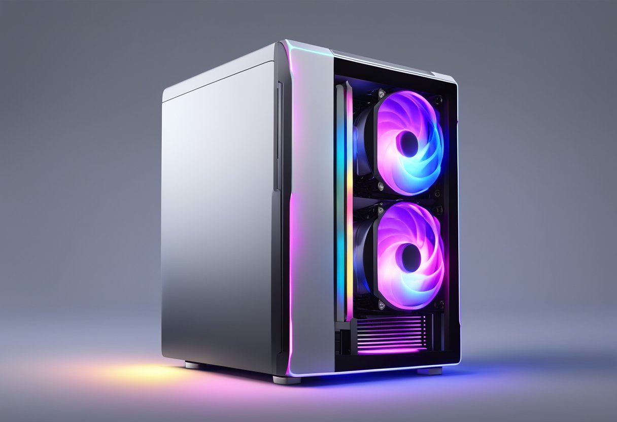 A sleek, modern computer tower with glowing LED lights and a high-performance cooling system