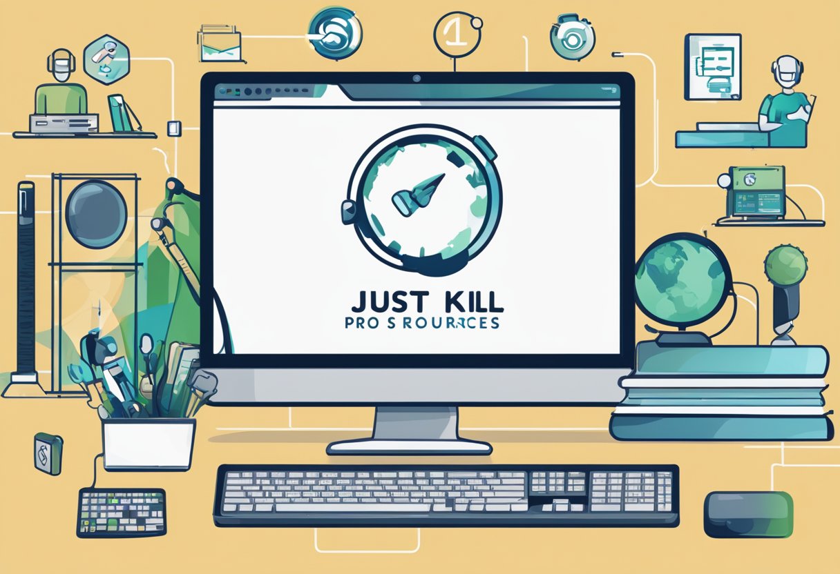 A computer screen with Technical Support and Help Resources displayed, alongside the logo for justkill pro.