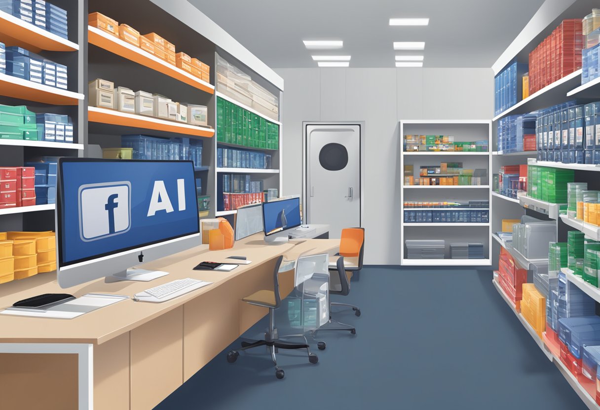 Auto parts displayed on shelves, with Facebook AIA logo in the background. Computer with AIA service open on a desk