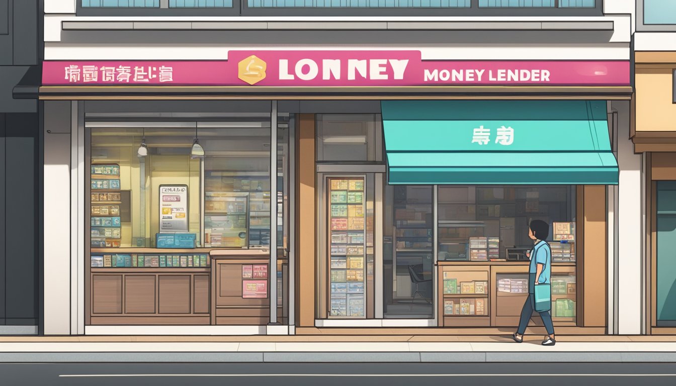 A storefront sign in Yishun displays "Licensed Money Lender" in bold letters. A pamphlet with loan information is visible through the window