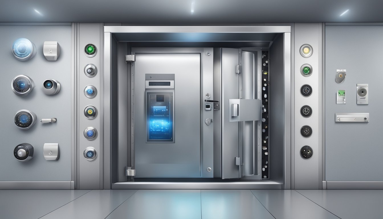 A secure vault door with a combination lock and biometric scanner, surrounded by high-tech security cameras and motion sensors