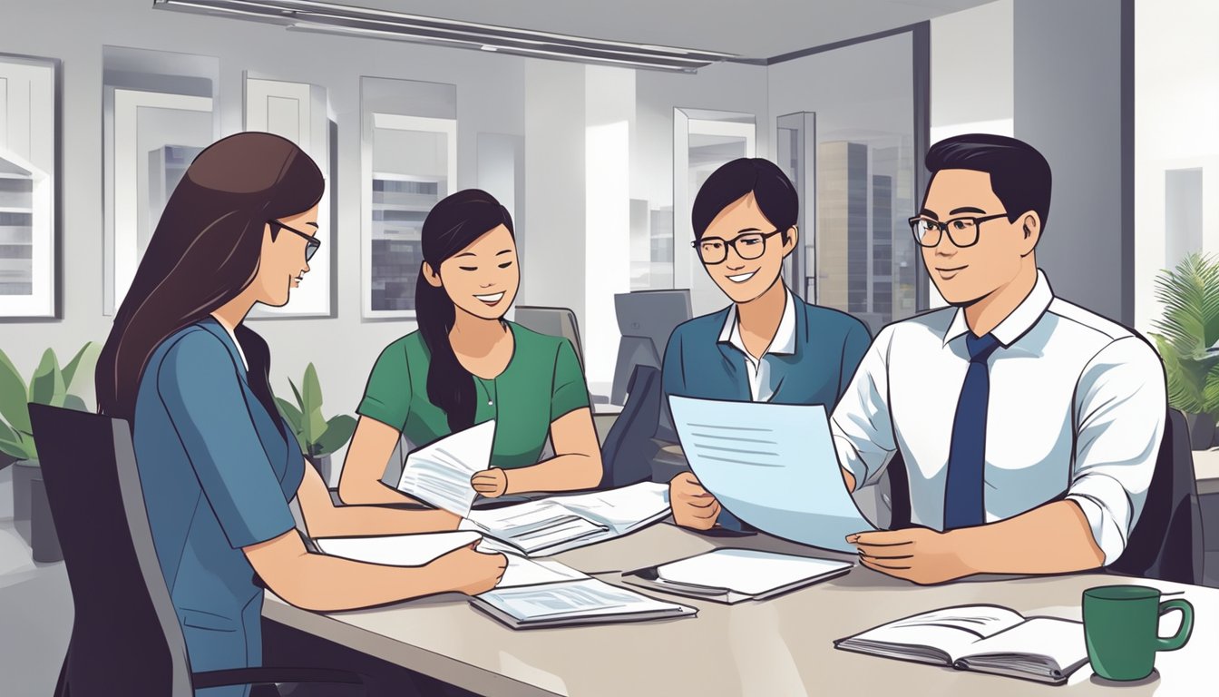 Customers at Yishun Moneylenders receive personal loans in a modern office setting. A professional staff member assists with paperwork and explains loan terms