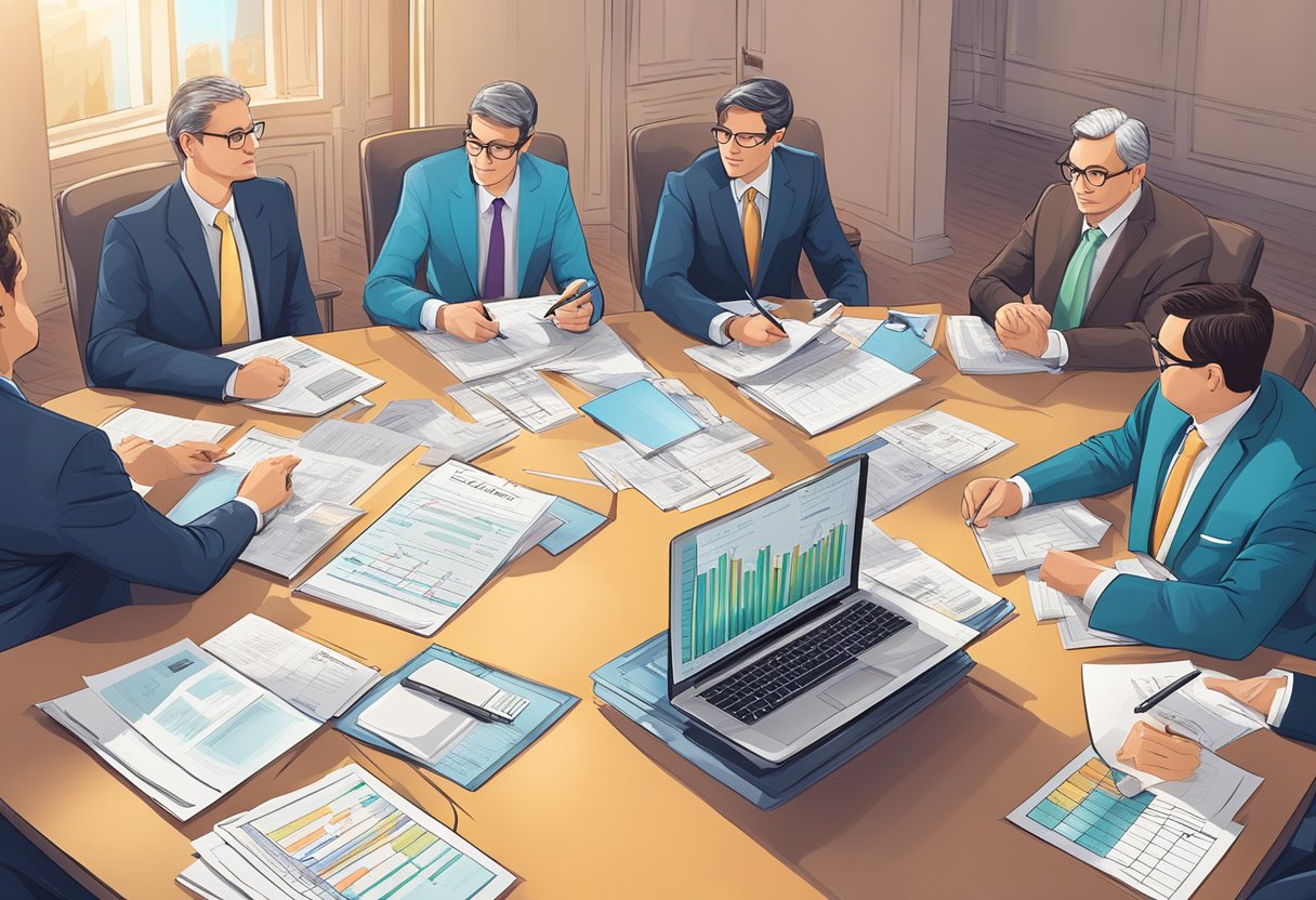 A table with legal documents, tax codes, and financial charts, surrounded by lawyers and accountants in a conference room