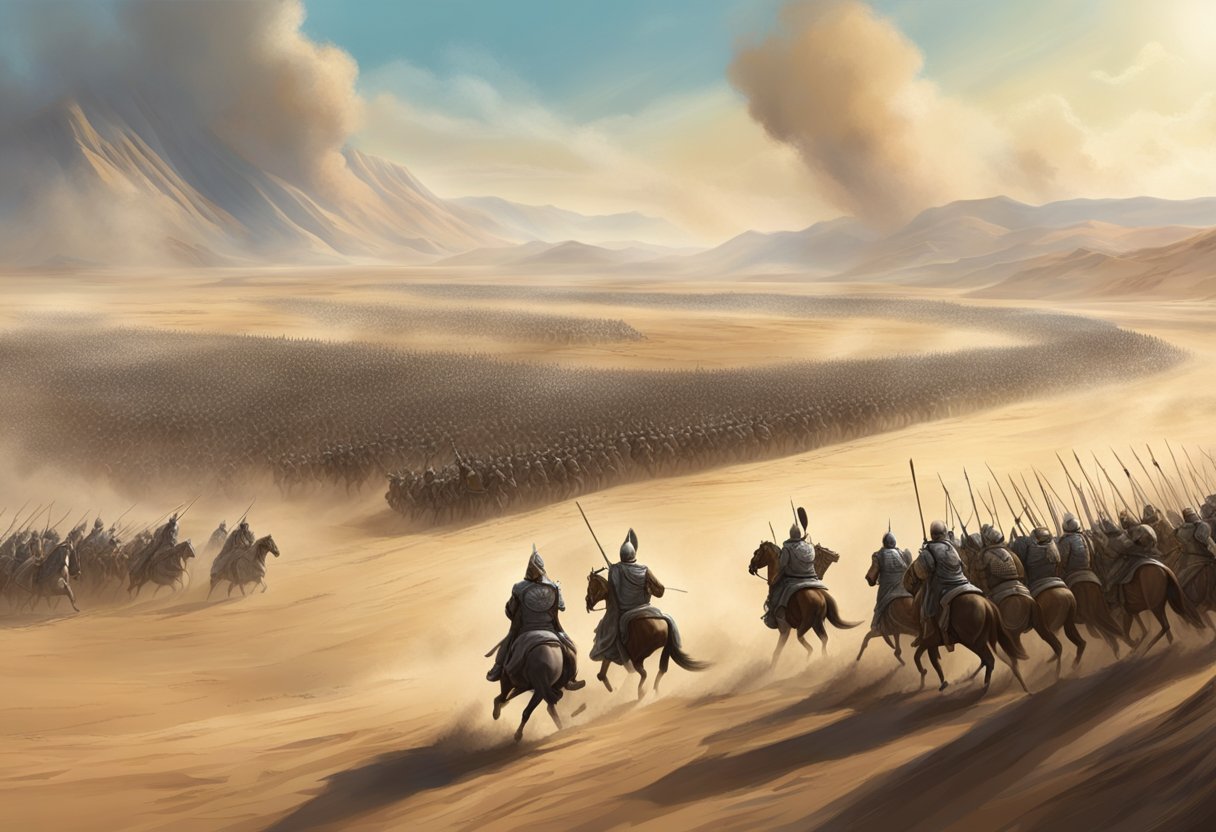 A vast desert landscape with Roman and Parthian armies facing off, with dust swirling and tension in the air