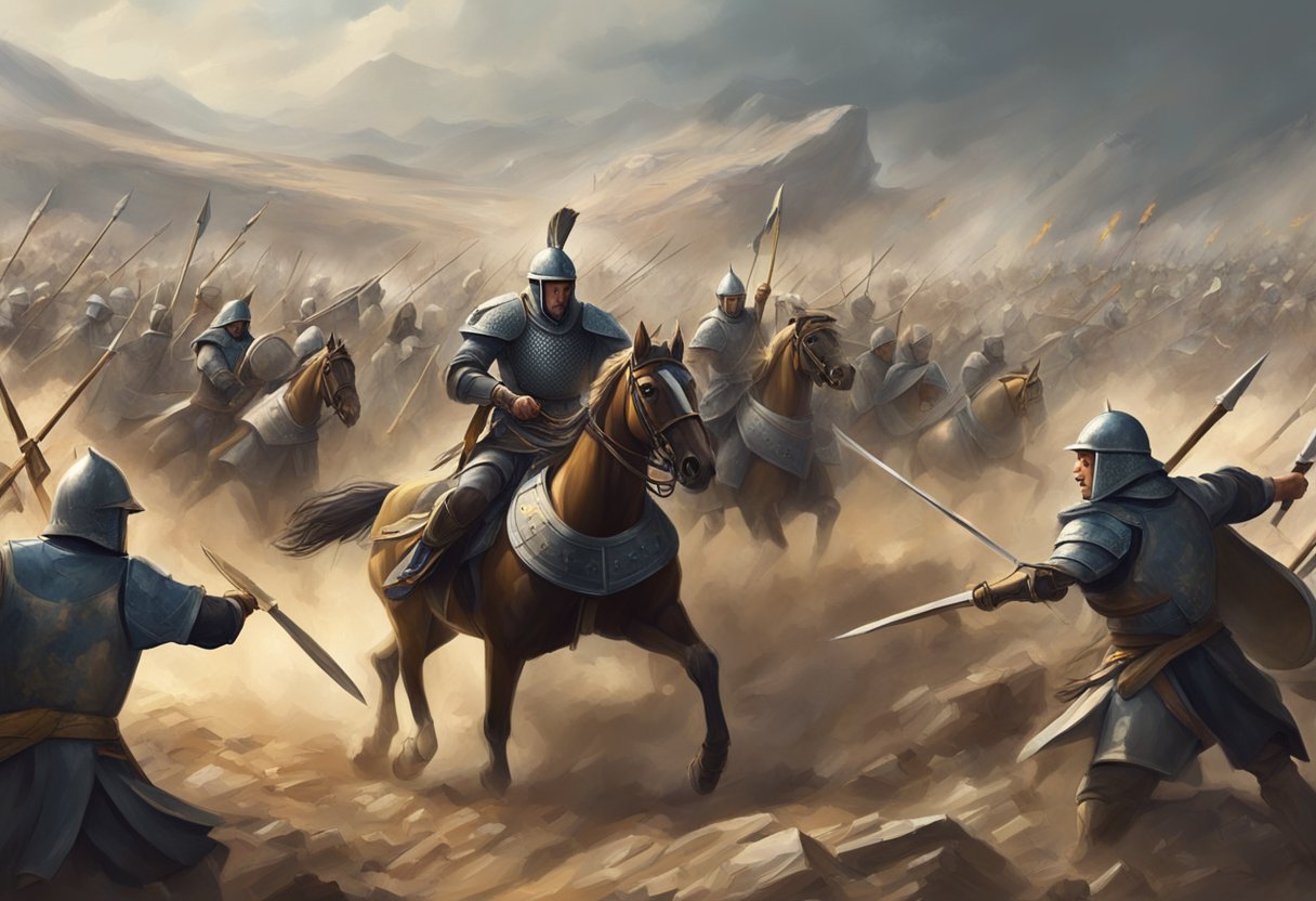 Armies clash on the dusty battlefield, with commanders strategizing amidst the chaos. Spears and shields clash, creating a scene of intense warfare
