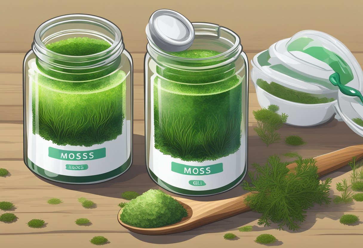 A clear glass jar filled with Irish moss gel sits on a wooden table, surrounded by fresh green seaweed and a measuring spoon