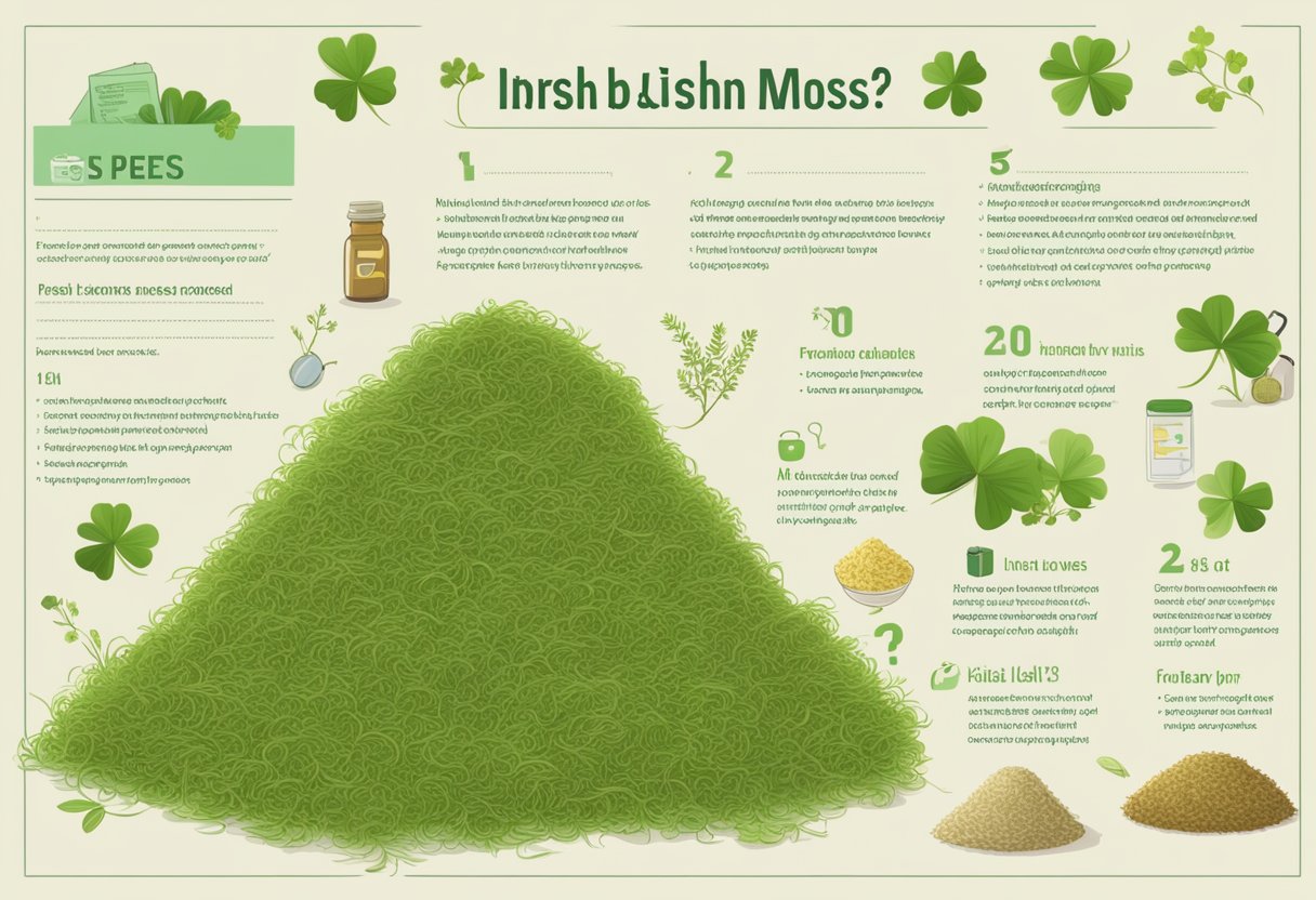 A pile of Irish moss surrounded by weight loss-related items and a list of frequently asked questions