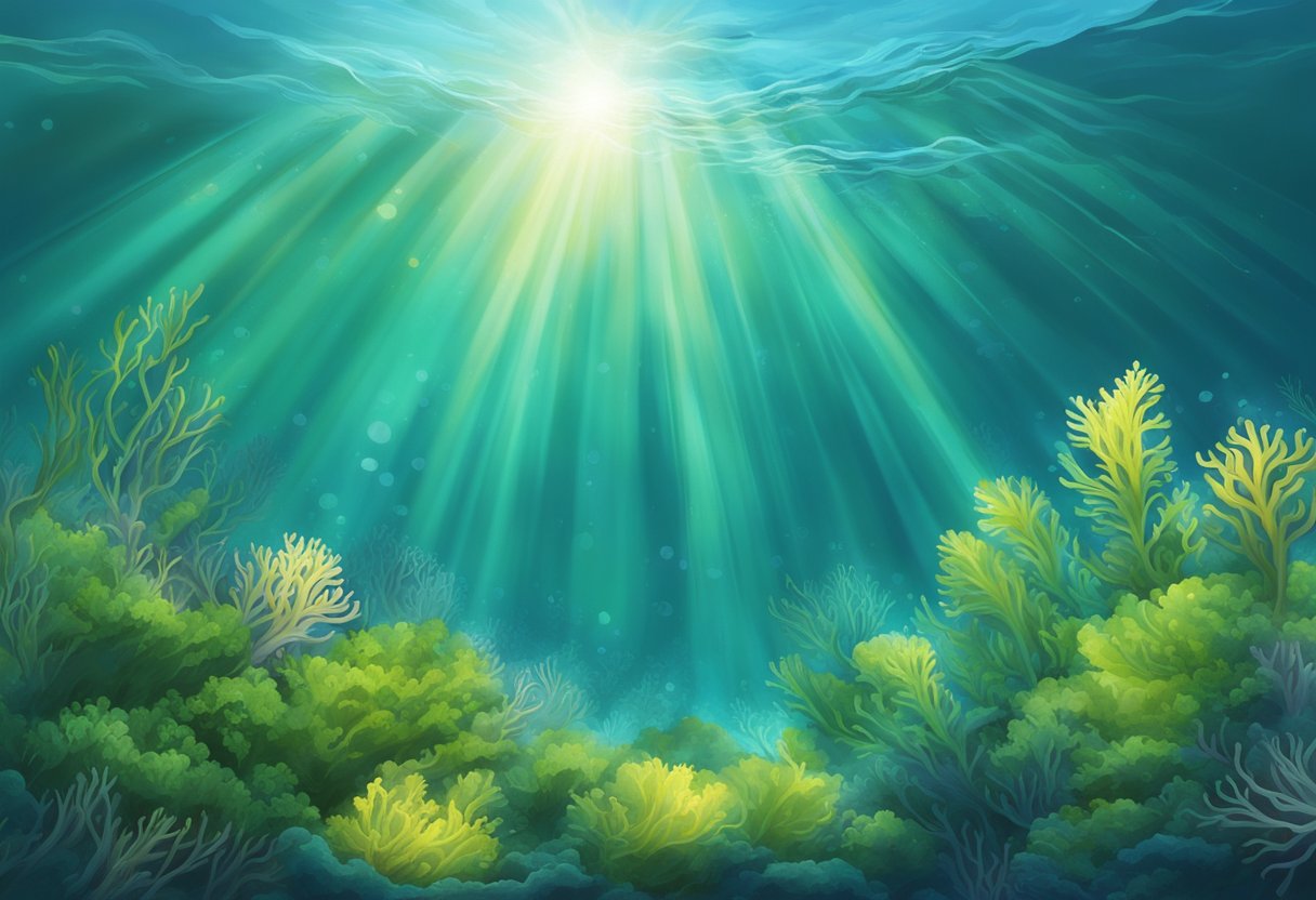 A vibrant underwater scene showcasing the lush, green Irish Sea Moss swaying gently in the ocean currents, with rays of sunlight filtering through the water, highlighting its numerous health benefits