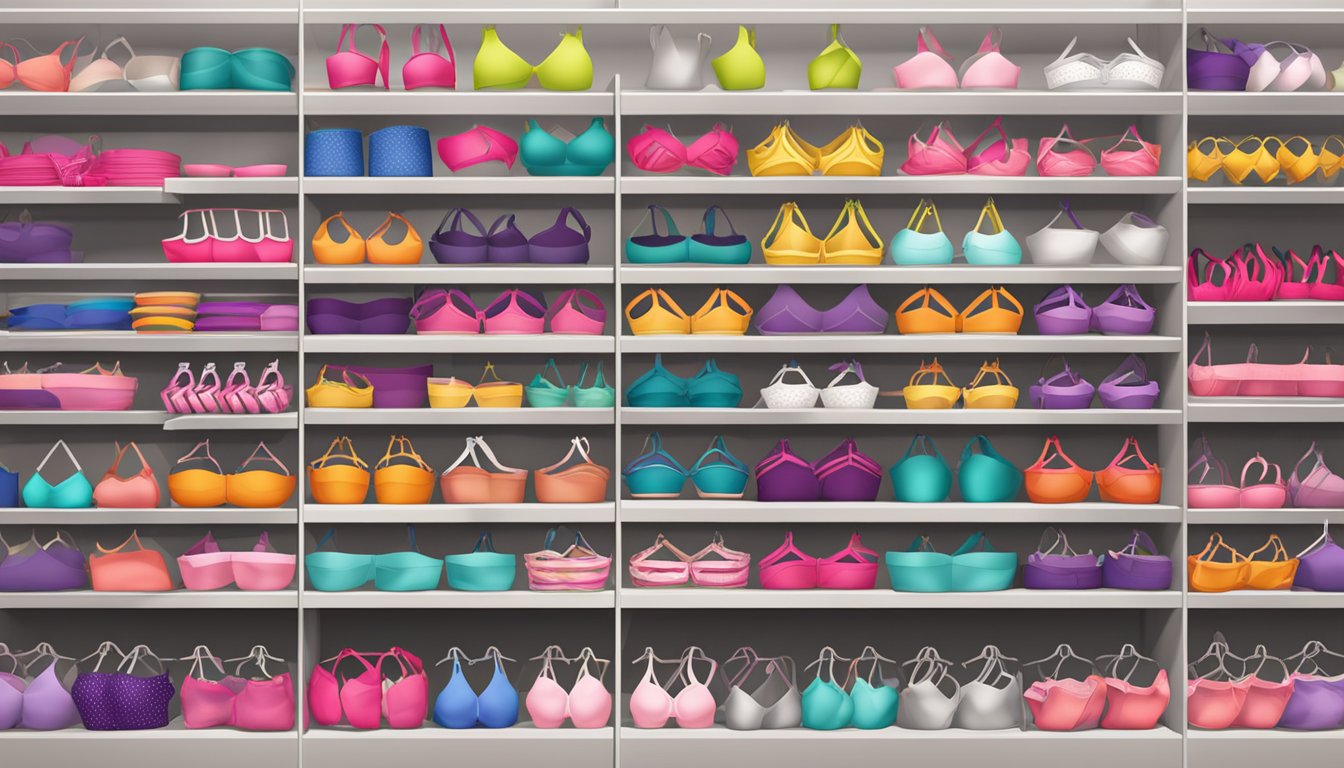A display of branded bras in various colors and styles, arranged neatly on shelves with price tags attached