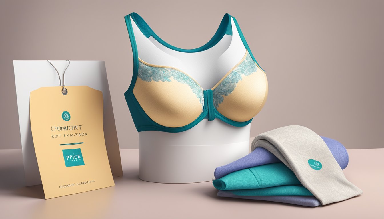A soft, luxurious bra displayed next to a price tag with the Material and Comfort Considerations logo prominently featured