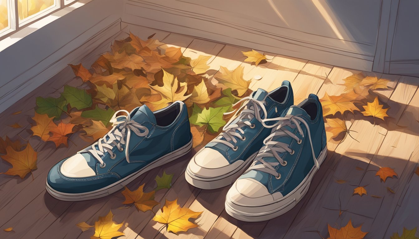 A pair of brand x shoes sits on a wooden floor, surrounded by fallen leaves and a hint of sunlight streaming in through a nearby window