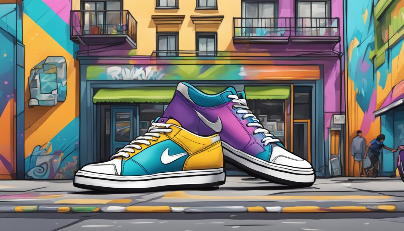 A pair of brand X shoes placed on a vibrant, urban street with colorful graffiti and trendy storefronts in the background