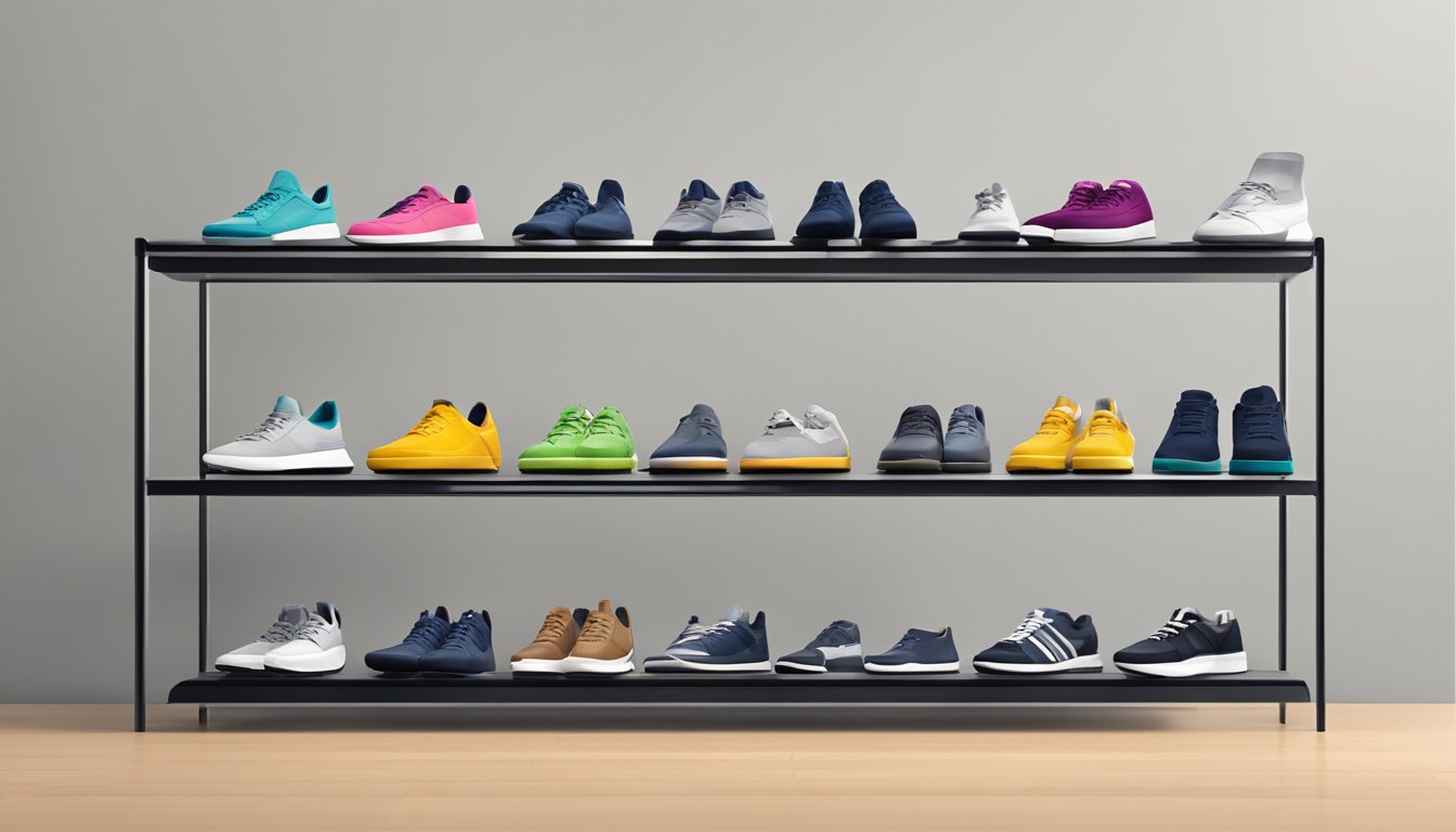 A pair of Brand X shoes displayed on a sleek, modern shoe rack in a well-lit, minimalist store setting