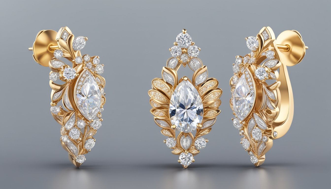 A pair of elegant, branded earrings from Singapore gleam under the soft lighting, showcasing intricate designs and high-quality craftsmanship