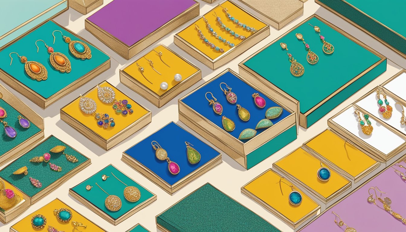 A hand reaches into a vibrant display of branded earrings in a Singapore boutique. The intricate designs and bold colors catch the eye, creating a sense of discovery and excitement