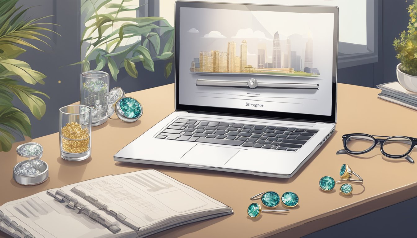 A laptop open on a table, displaying a variety of elegant earrings with the Singapore brand logo. A mouse hovers over the "add to cart" button