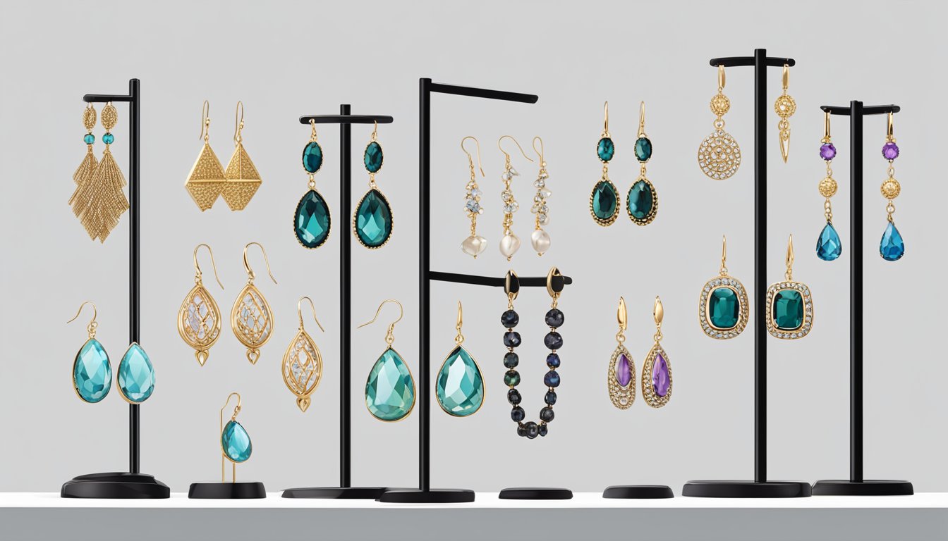 A display of various earring styles arranged on a sleek, modern stand, showcasing the convenience of diverse options