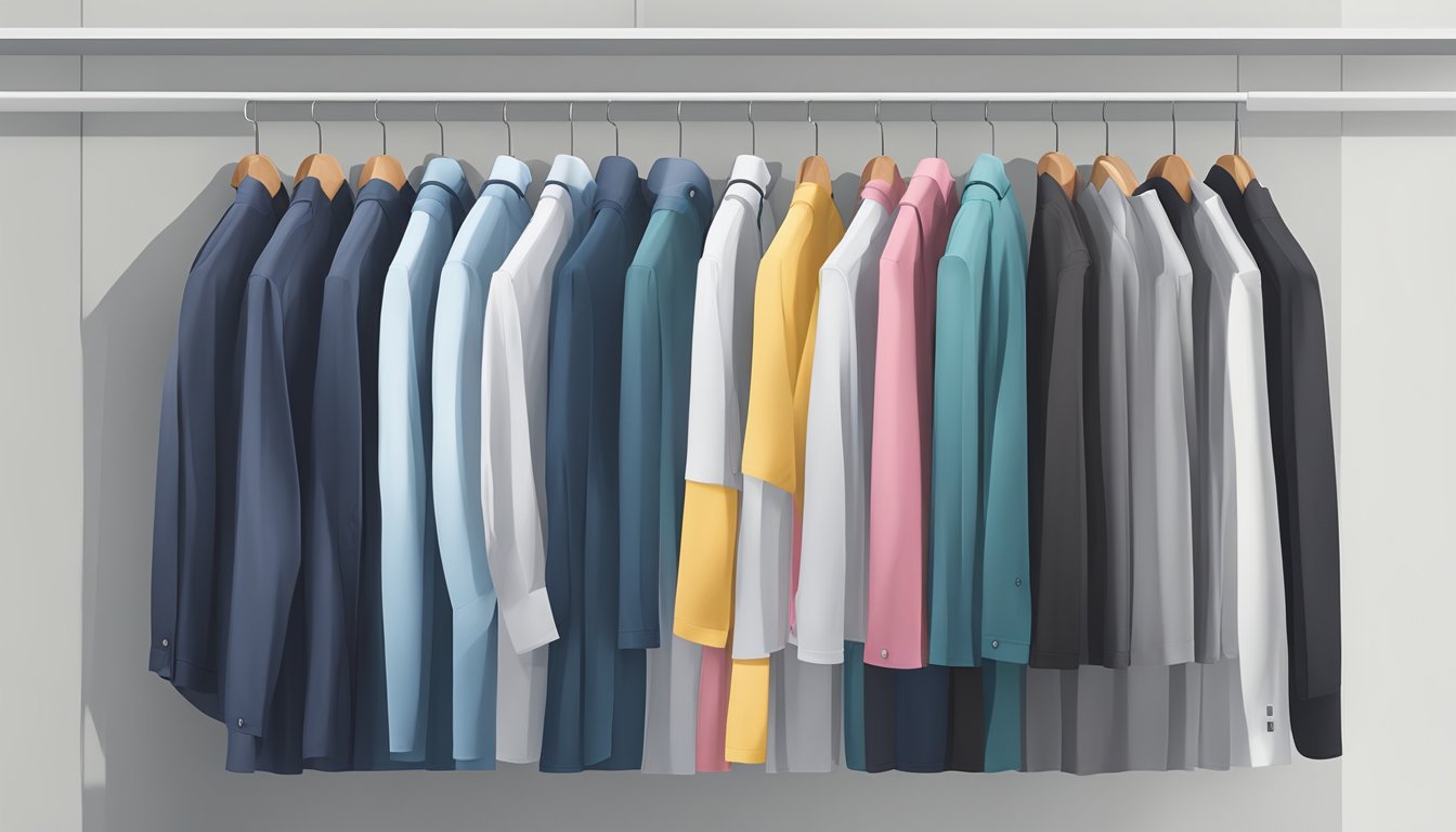 A group of branded corporate wear neatly arranged on hangers in a modern, minimalist closet
