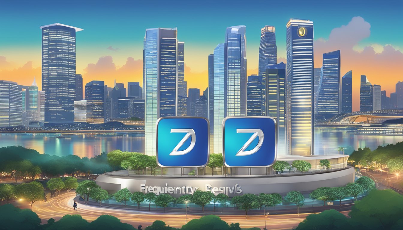 A pair of sleek, silver earrings with the "Frequently Asked Questions" logo prominently displayed, set against a vibrant backdrop of the Singapore skyline