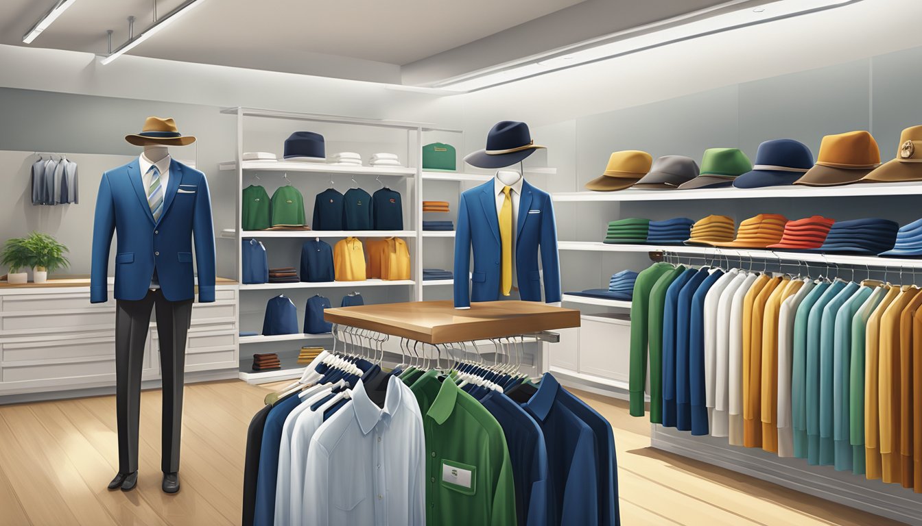 A lineup of branded corporate wear, including shirts, jackets, and hats, neatly displayed on hangers and shelves in a well-lit retail setting