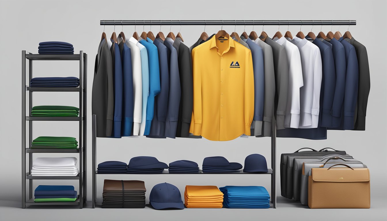A rack of neatly organized branded corporate wear in a modern and professional setting